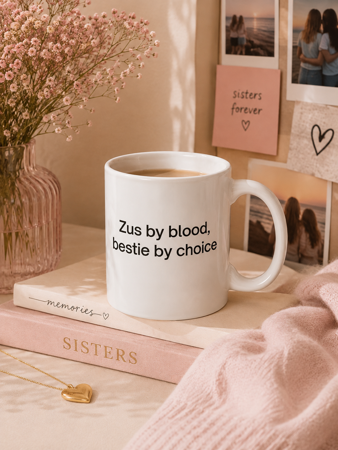 Grappige mok "Zus by blood, bestie by choice" — cadeau voor je zus